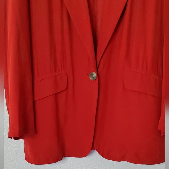 100% Silk Liz Claiborne Elegant Scarlet Red Women's Long Blazer Jacket Size 8 - Picture 2 of 8